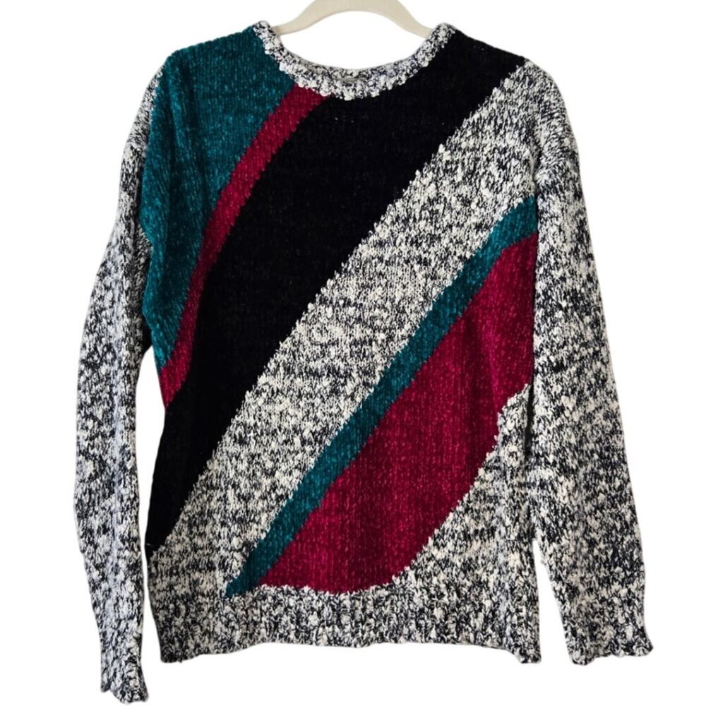 Vintage 80s Cosby Colorblock Textured Heavy Knit Sweater Teal/Magenta Size Large